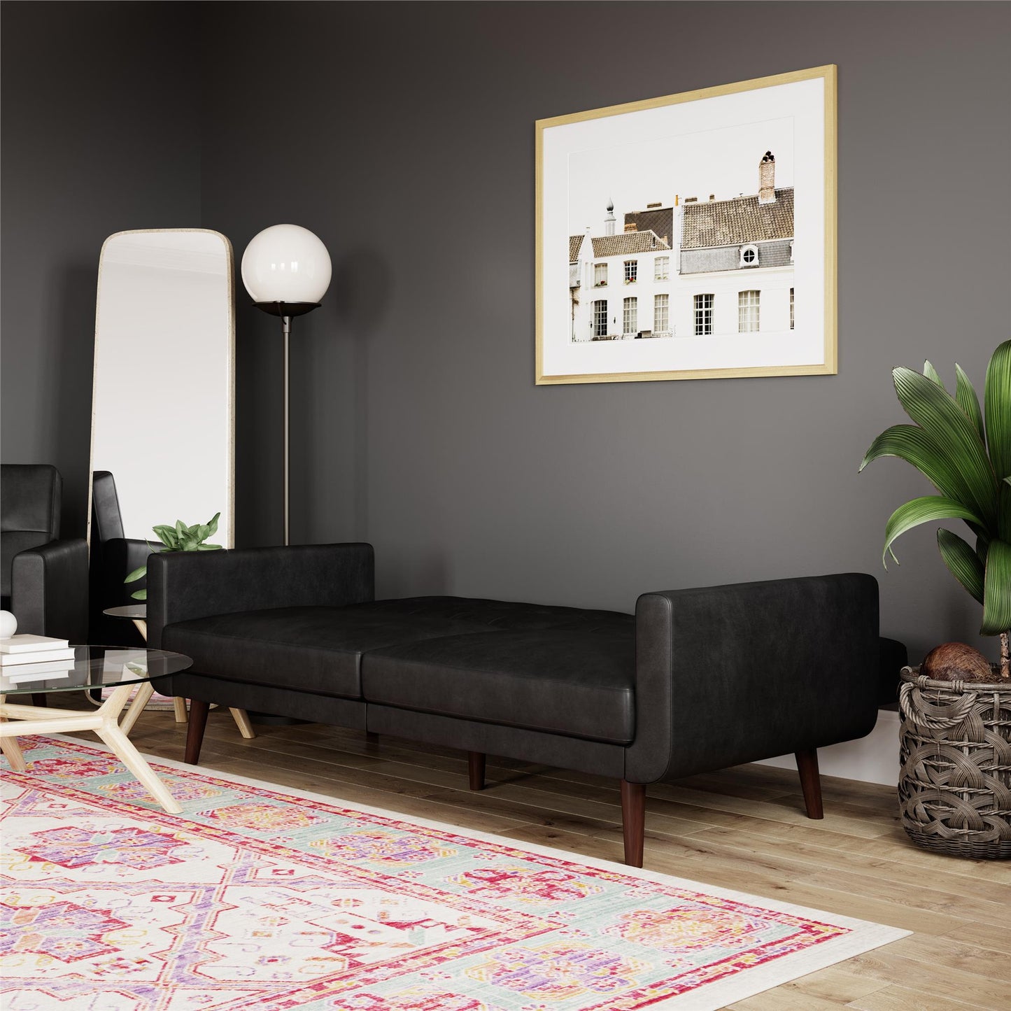 Better Homes & Gardens Nola Modern Futon, Black Faux Leather - Black