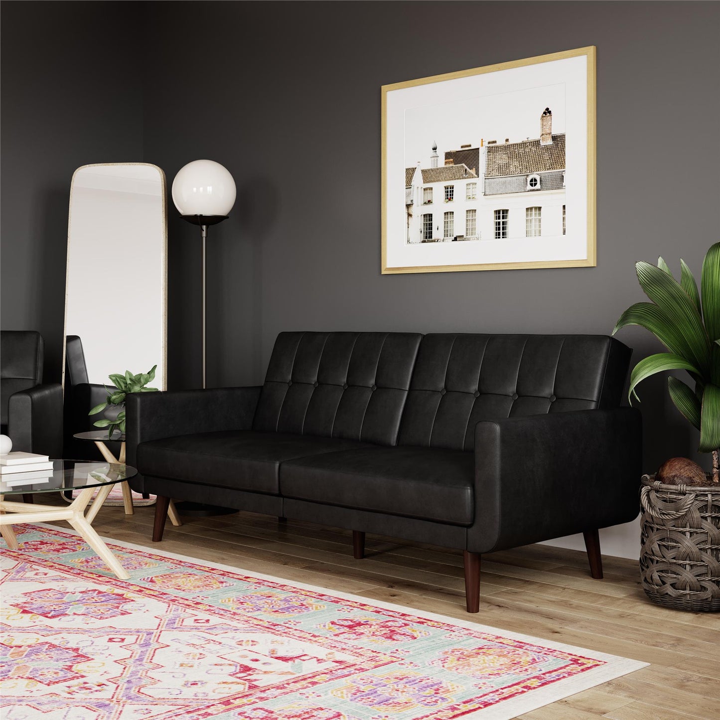 Better Homes & Gardens Nola Modern Futon, Black Faux Leather - Black