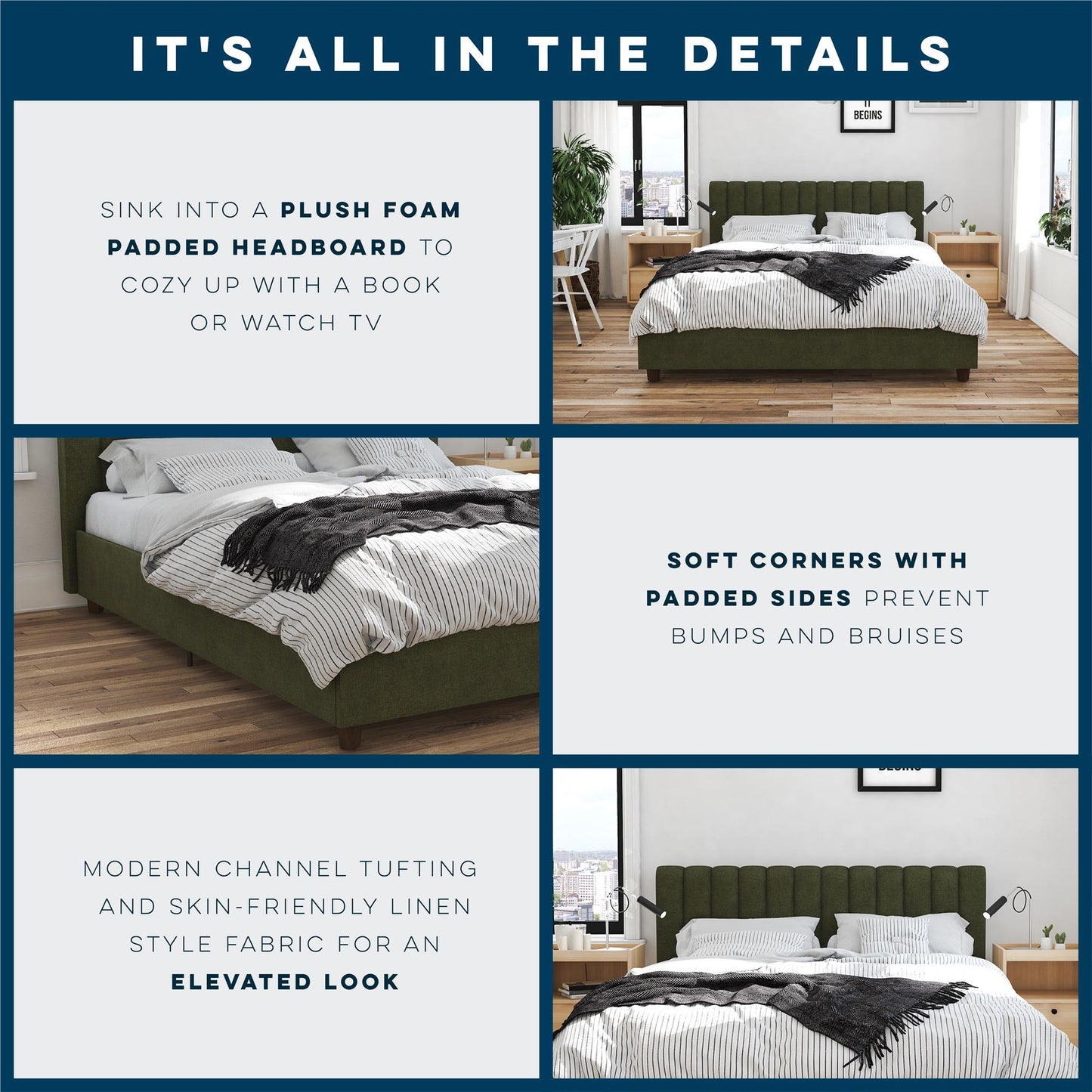 Brittany Upholstered Bed - Green - Queen