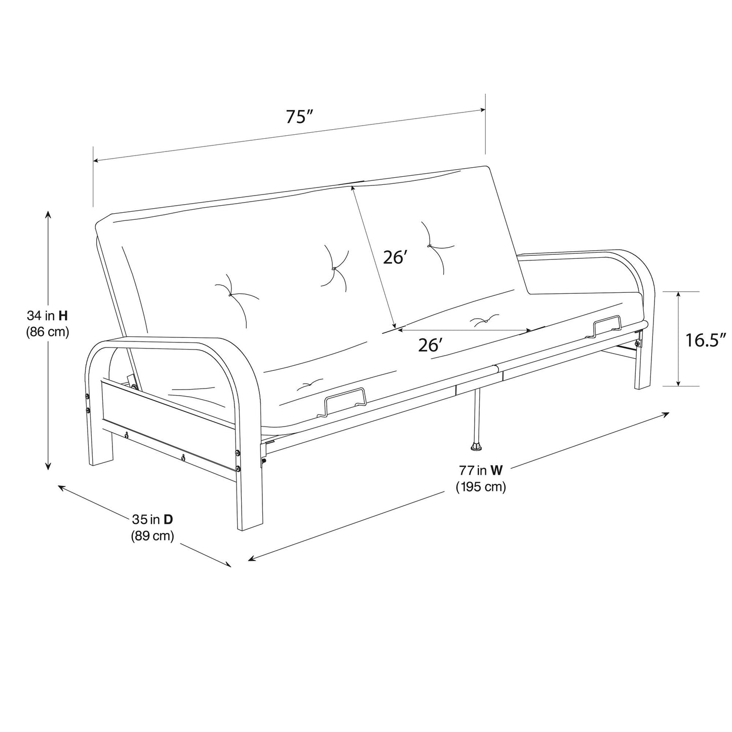 Brax Black Metal Arm Full Size Futon Frame with 6 Inch Thermobonded High Density Polyester Fill - Red - Full
