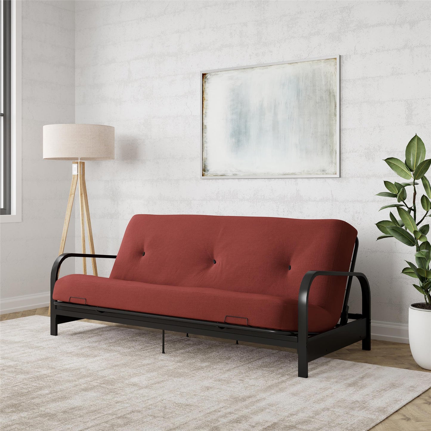 Brax Black Metal Arm Full Size Futon Frame with 6 Inch Thermobonded High Density Polyester Fill - Red - Full