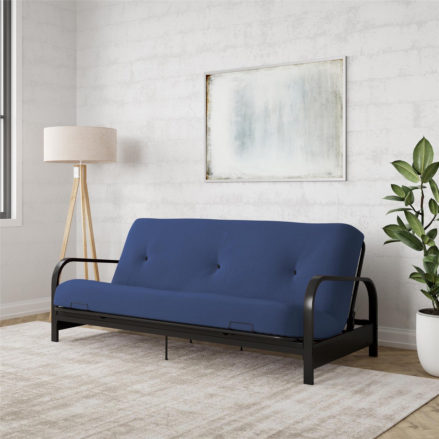 Brax Black Metal Arm Full Size Futon Frame with 6 Inch Thermobonded High Density Polyester Fill - Blue - Full