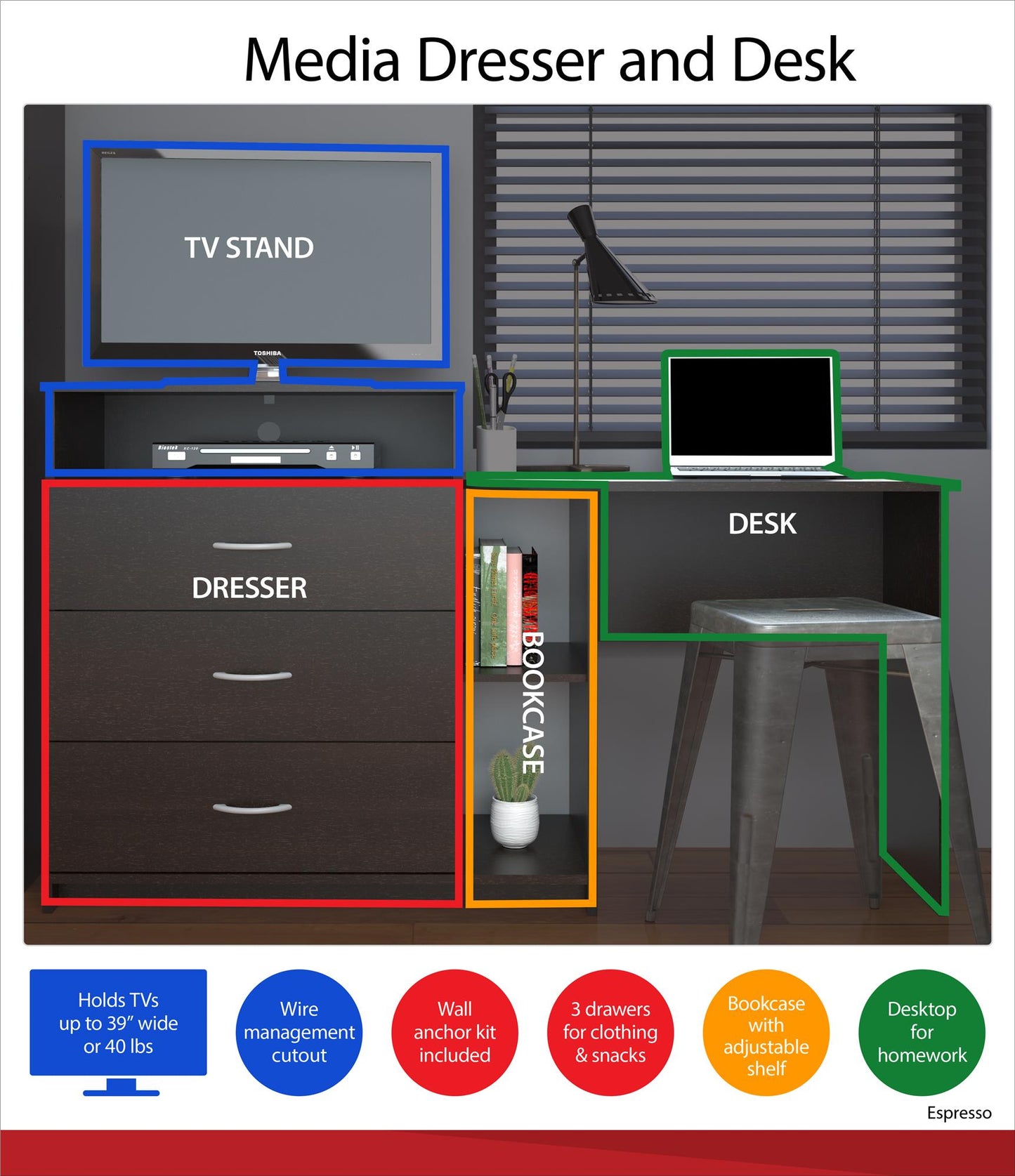 Rebel 3 in 1 Media Dresser with Side Storage and Desk - Black Oak