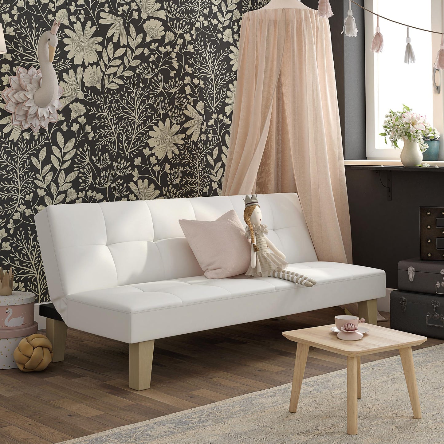 Aubrey Convertible Futon Sofa and Couch Sleeper Faux Leather - White