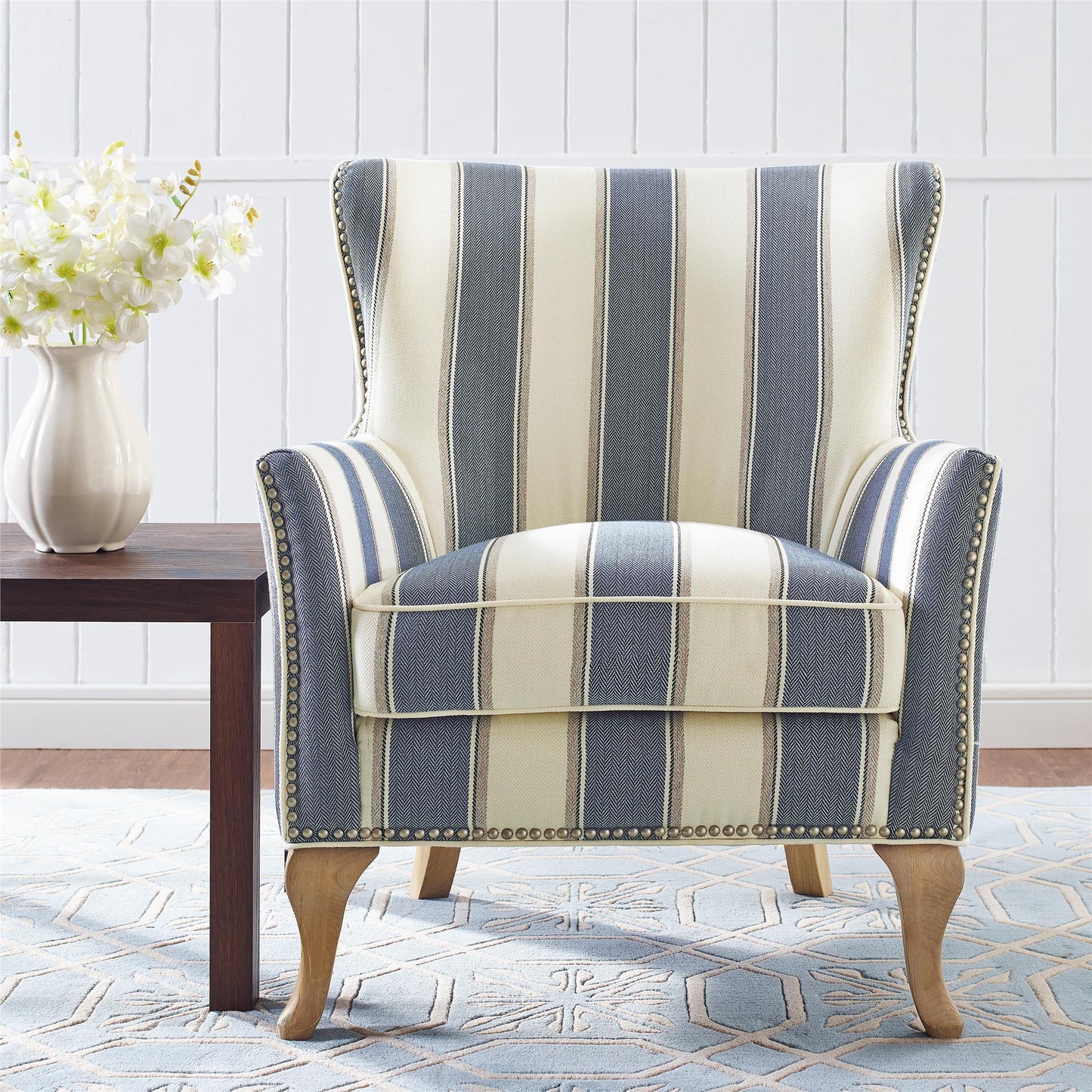 Reva Upholstered Club Accent Chair with Nail Head Trim - Blue Stripe