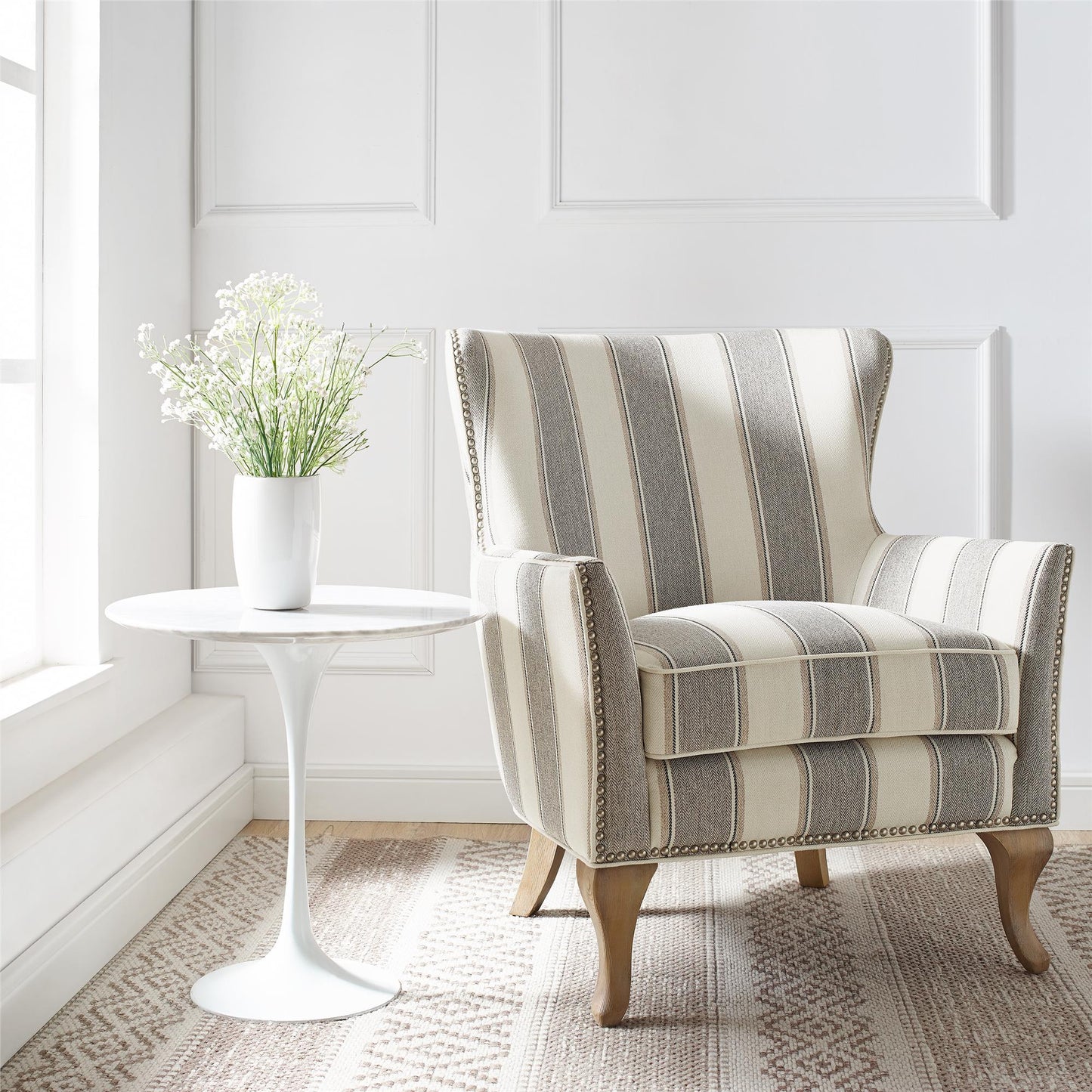 Reva Upholstered Club Accent Chair with Nail Head Trim - Gray Stripe