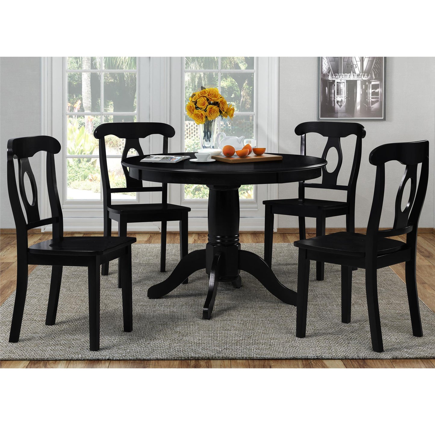 Aubrey 5 Piece Traditional Pedestal Round Dining Table and Chairs Set - Black