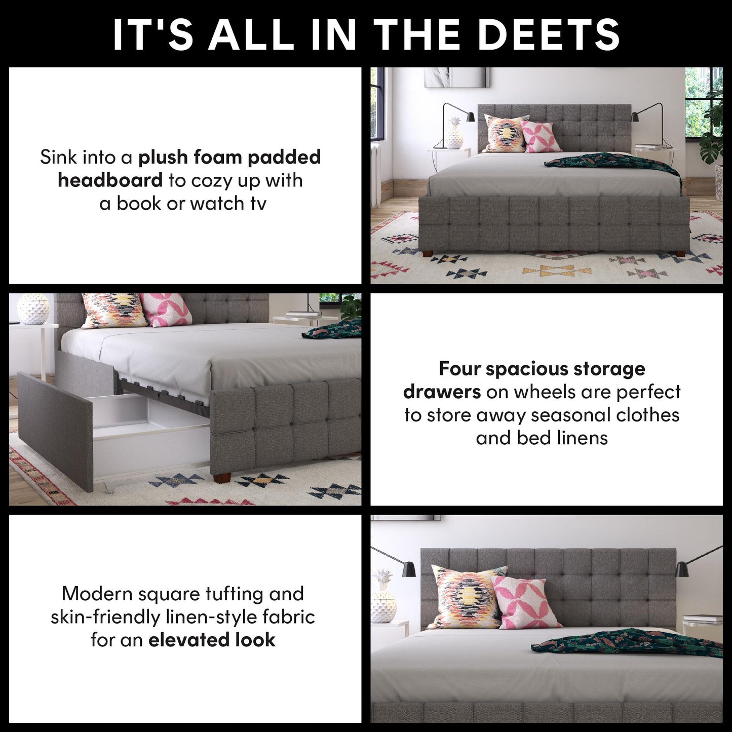 Elizabeth Upholstered Bed with Storage - Grey Linen - Full