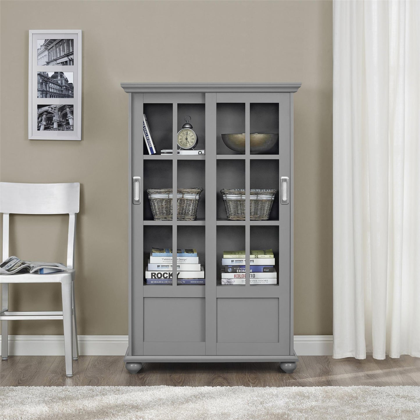 Aaron Lane Bookcase with Sliding Glass Doors - Gray