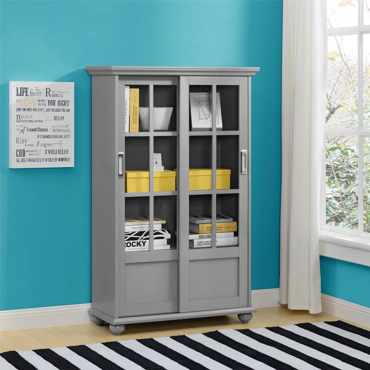 Aaron Lane Bookcase with Sliding Glass Doors - Gray