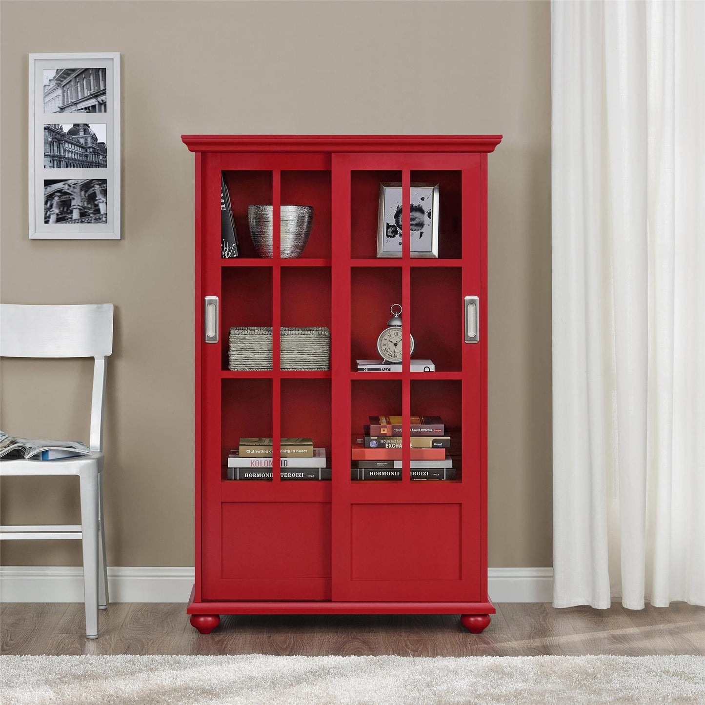 Aaron Lane Tall Bookcase with 2 Sliding Glass Doors - Red
