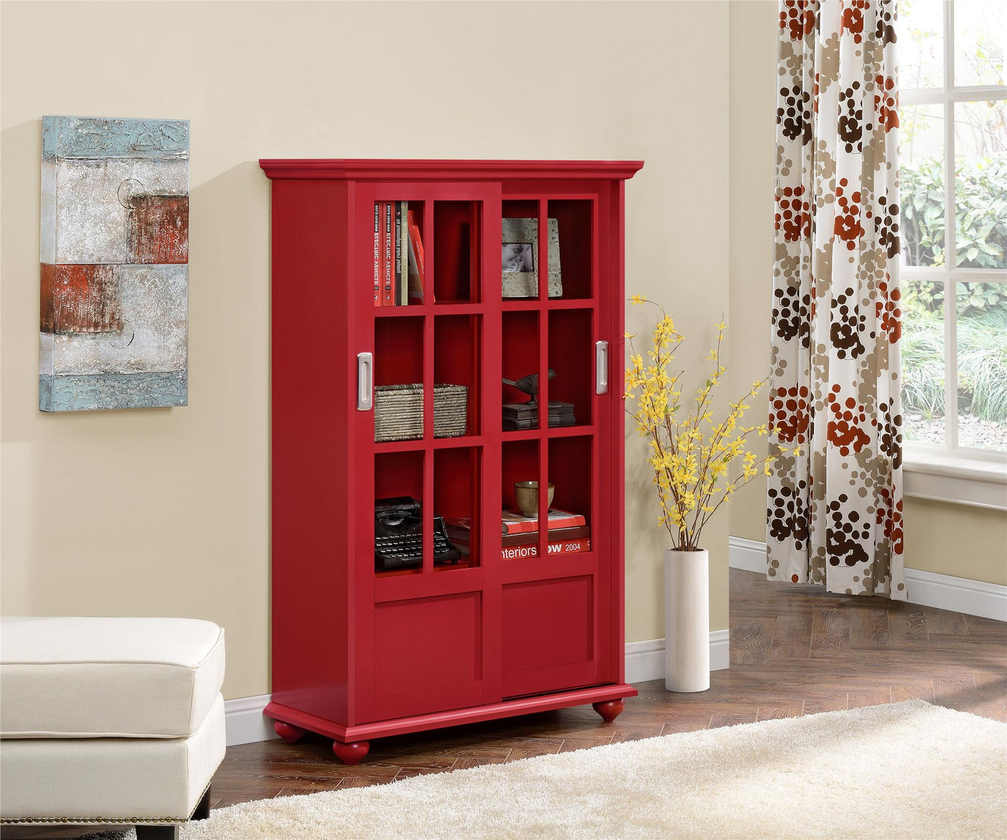Aaron Lane Tall Bookcase with 2 Sliding Glass Doors - Red