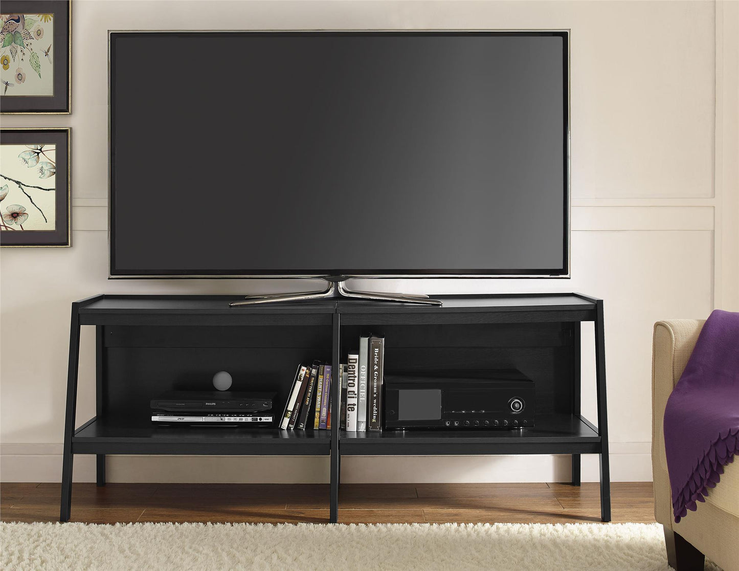 Lawrence Ladder TV Stand for TVs up to 60 Inch with Large Storage Shelf - Black