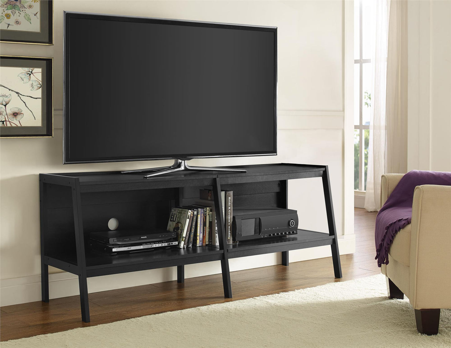 Lawrence Ladder TV Stand for TVs up to 60 Inch with Large Storage Shelf - Black