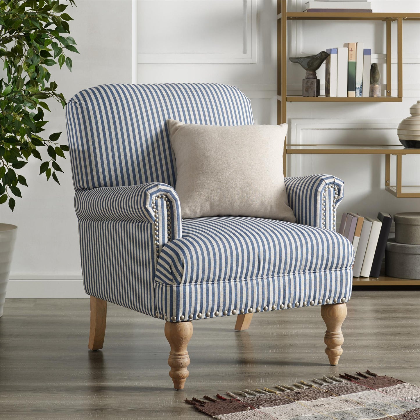 Jaya Upholstered Accent Chair with Solid Wood Feet - Blue Stripe