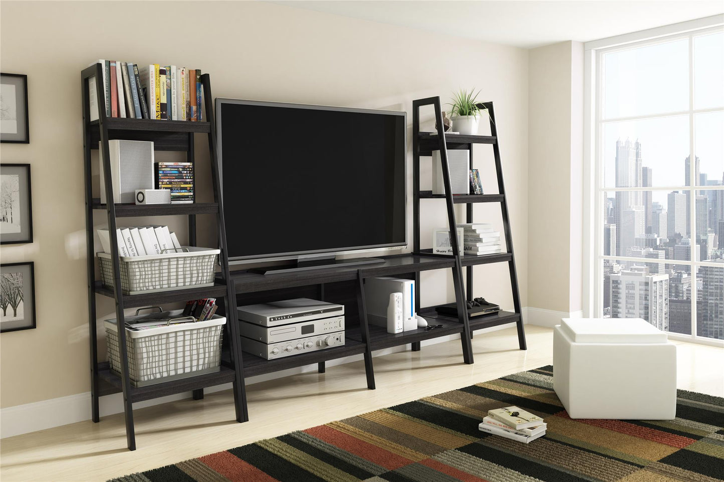 Lawrence Ladder TV Stand for TVs up to 60 Inch with Large Storage Shelf - Black