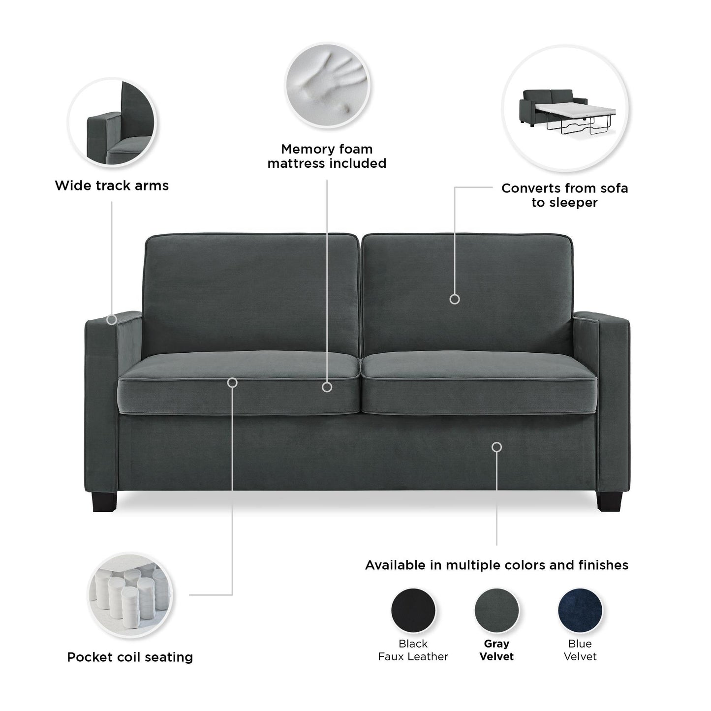 DHP Cooper Loveseat Sofa Sleeper with Full Memory Foam Mattress, Gray Velvet - Gray - Full