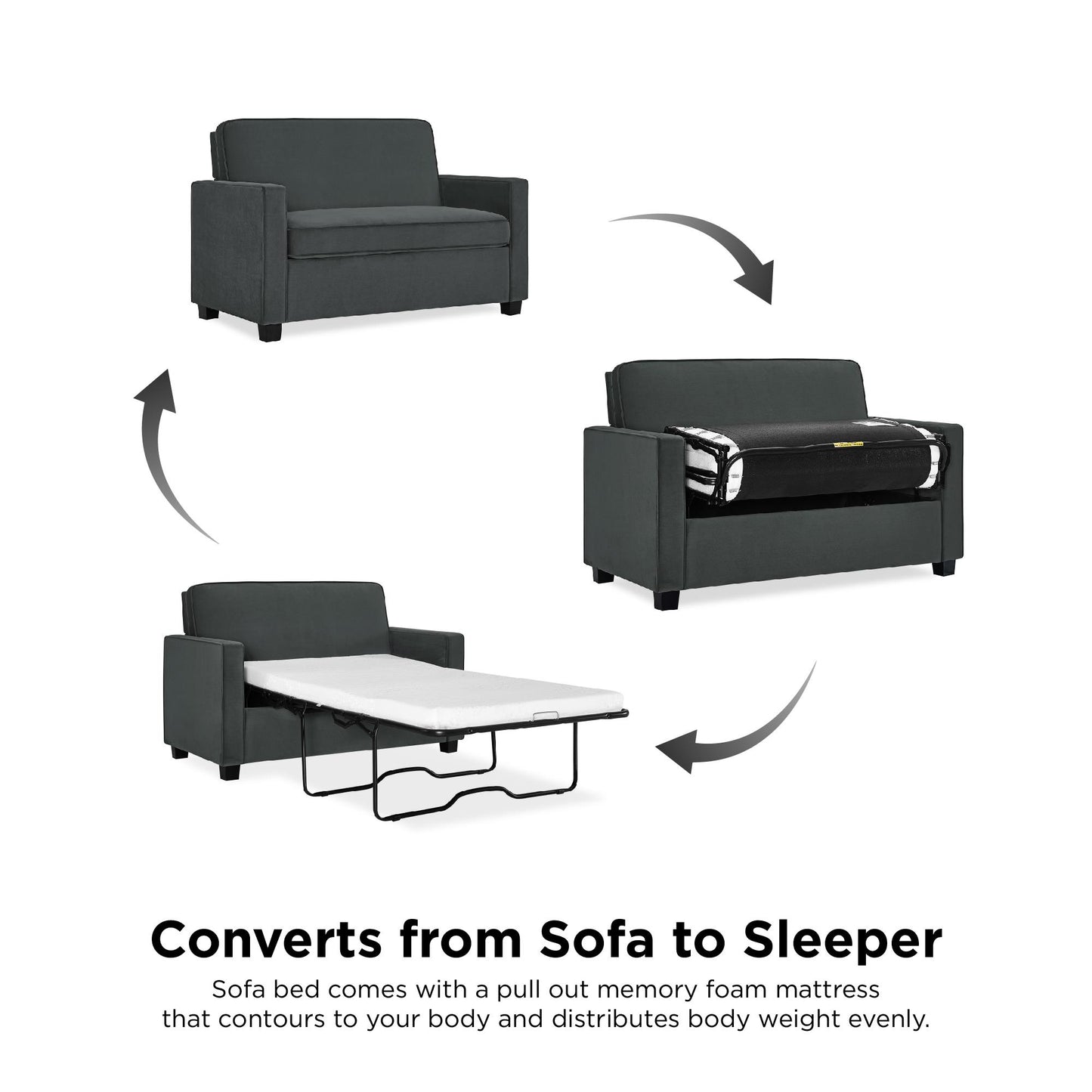 Casey Loveseat Sofa Sleeper with Memory Foam Pull-Out Mattress - Gray - Twin