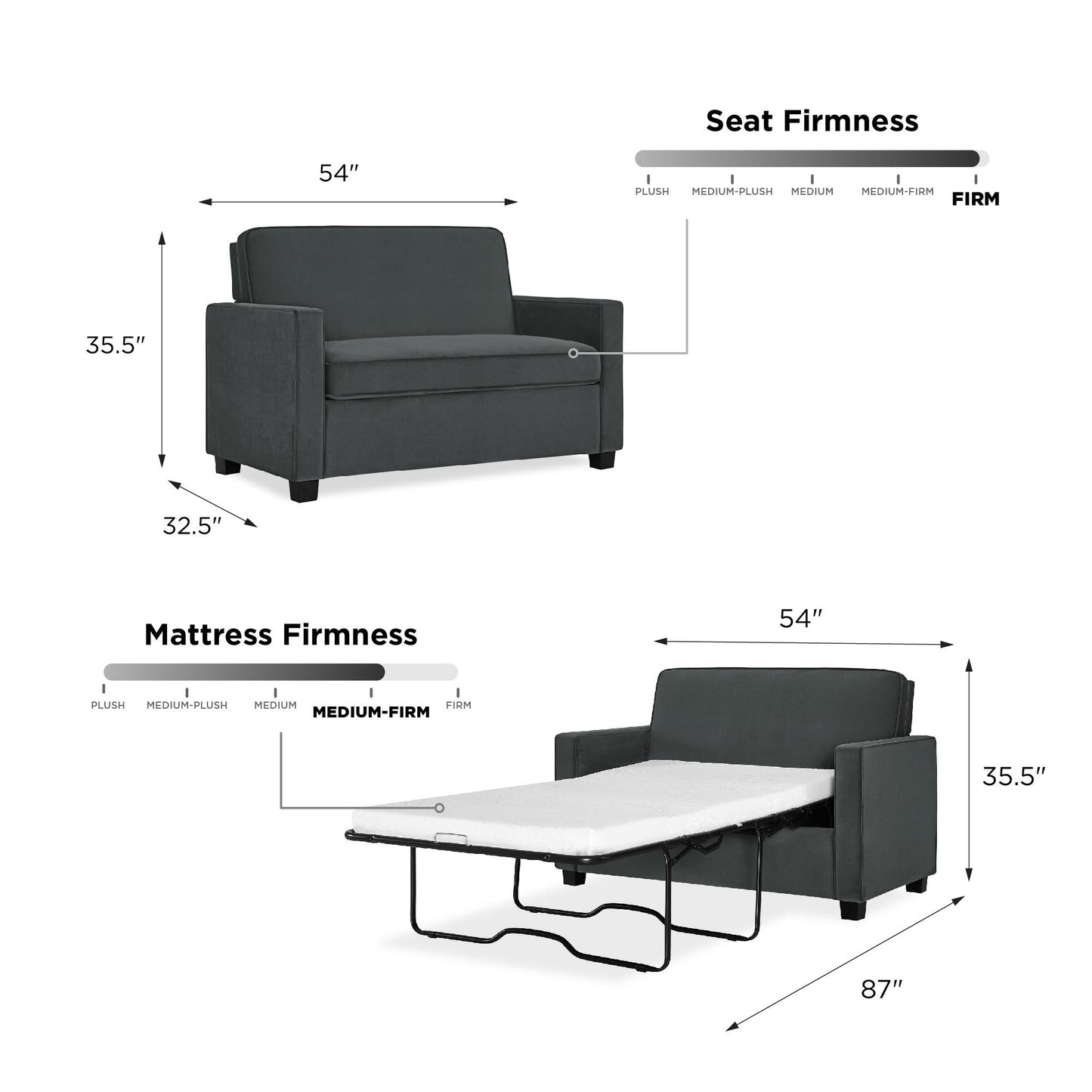 Casey Loveseat Sofa Sleeper with Memory Foam Pull-Out Mattress - Gray - Twin