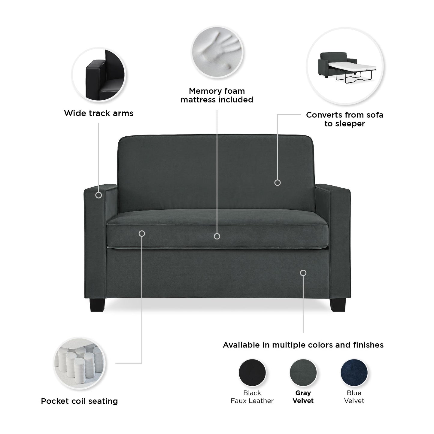 Casey Loveseat Sofa Sleeper with Memory Foam Pull-Out Mattress - Gray - Twin