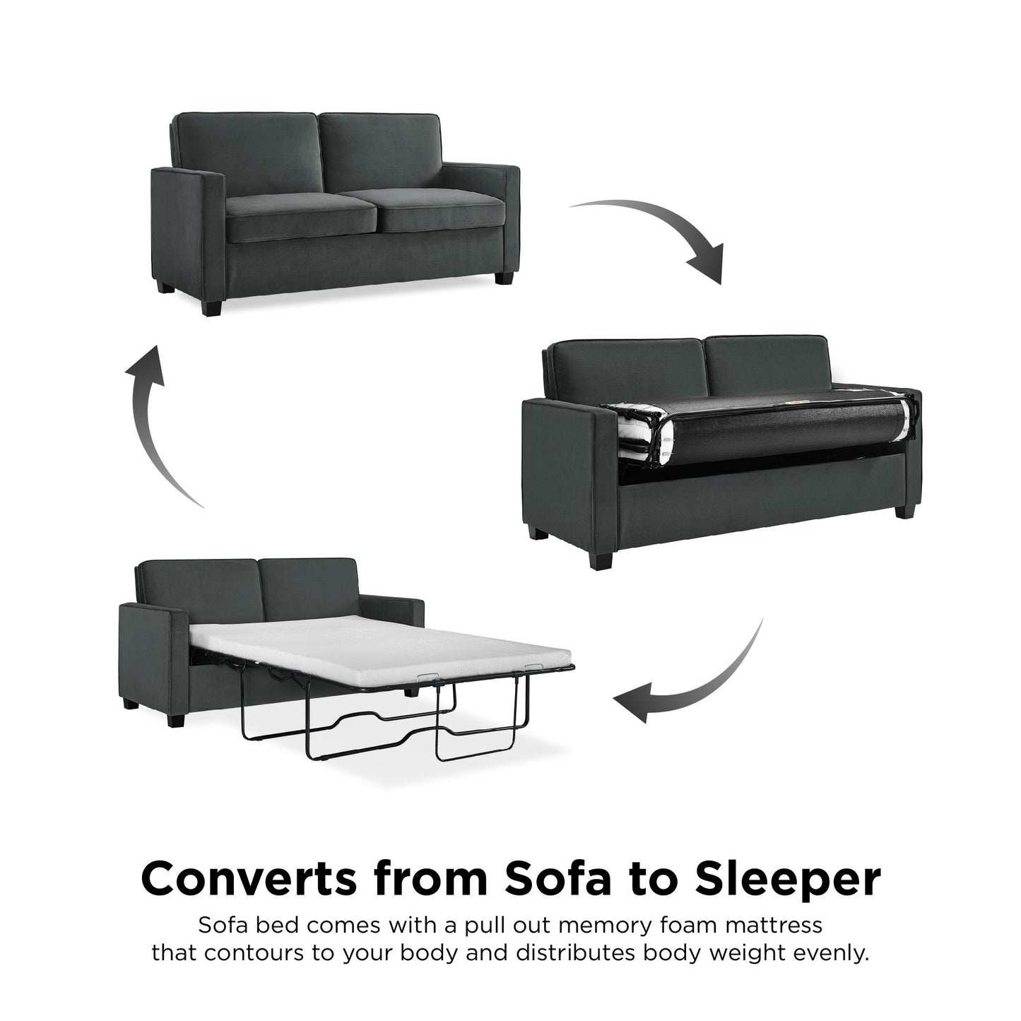 DHP Cooper Sofa Sleeper with Queen Memory Foam Mattress, Gray Velvet - Gray - Queen