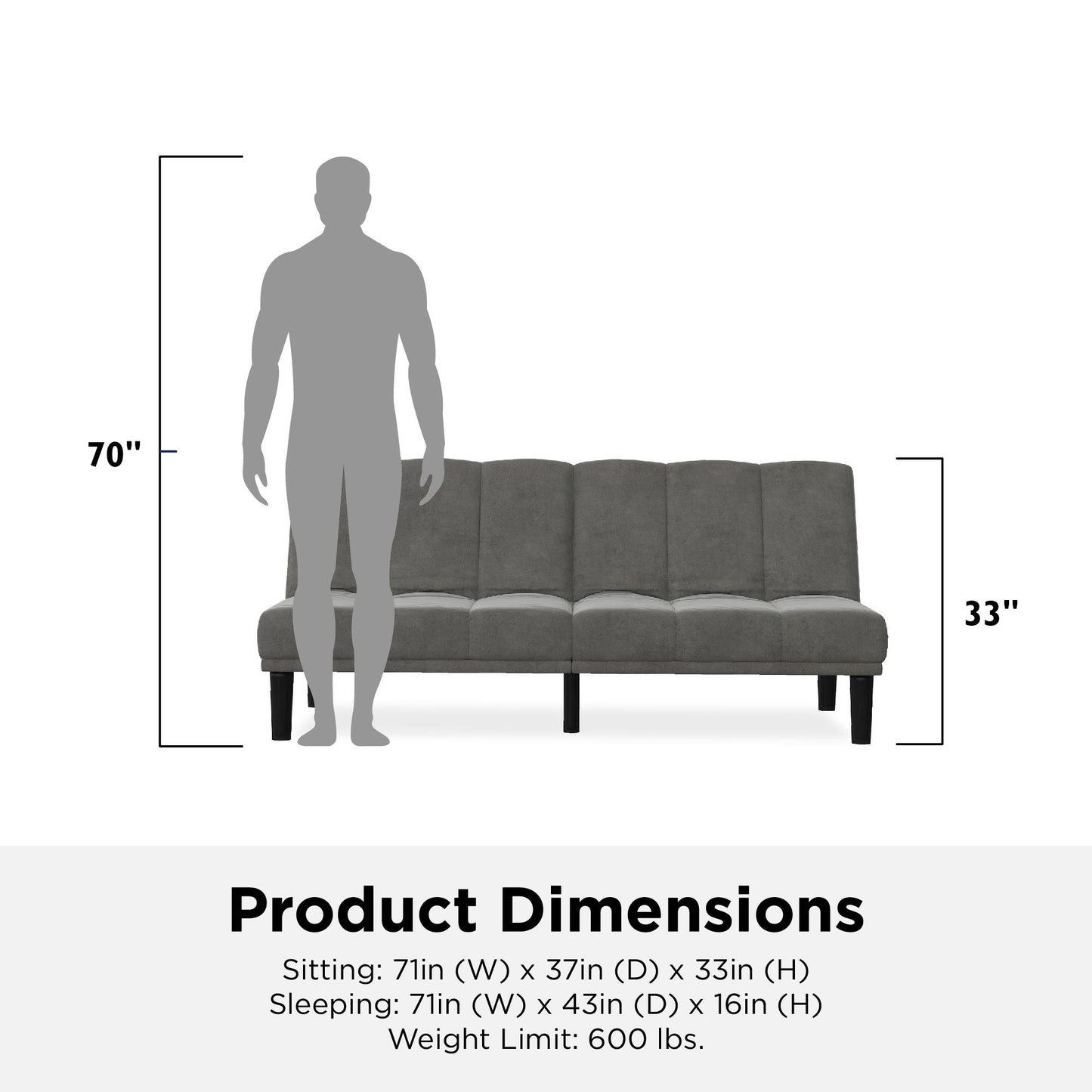 Mainstays Channel Cushion Futon, Gray Microfiber - Gray