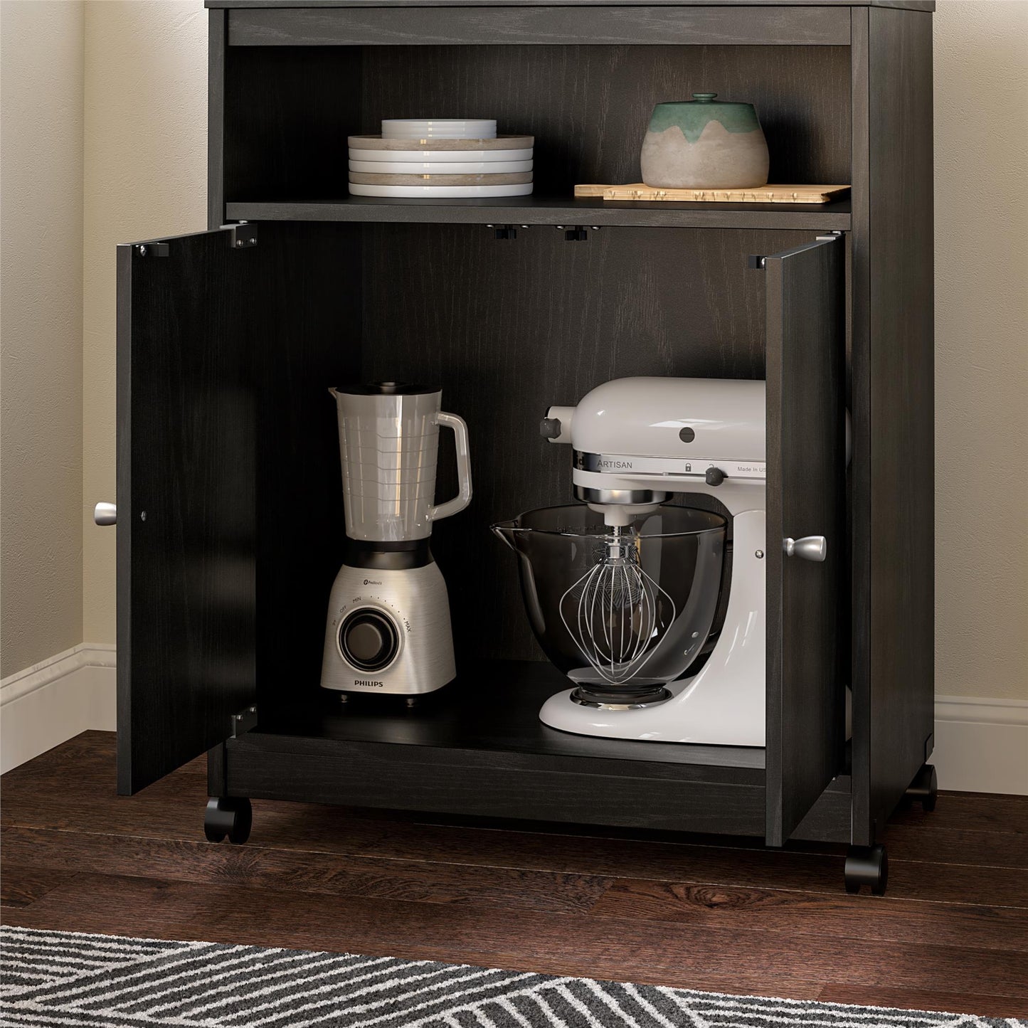 Landry 2 Door Utility Microwave Cart with Shelves - Black Oak