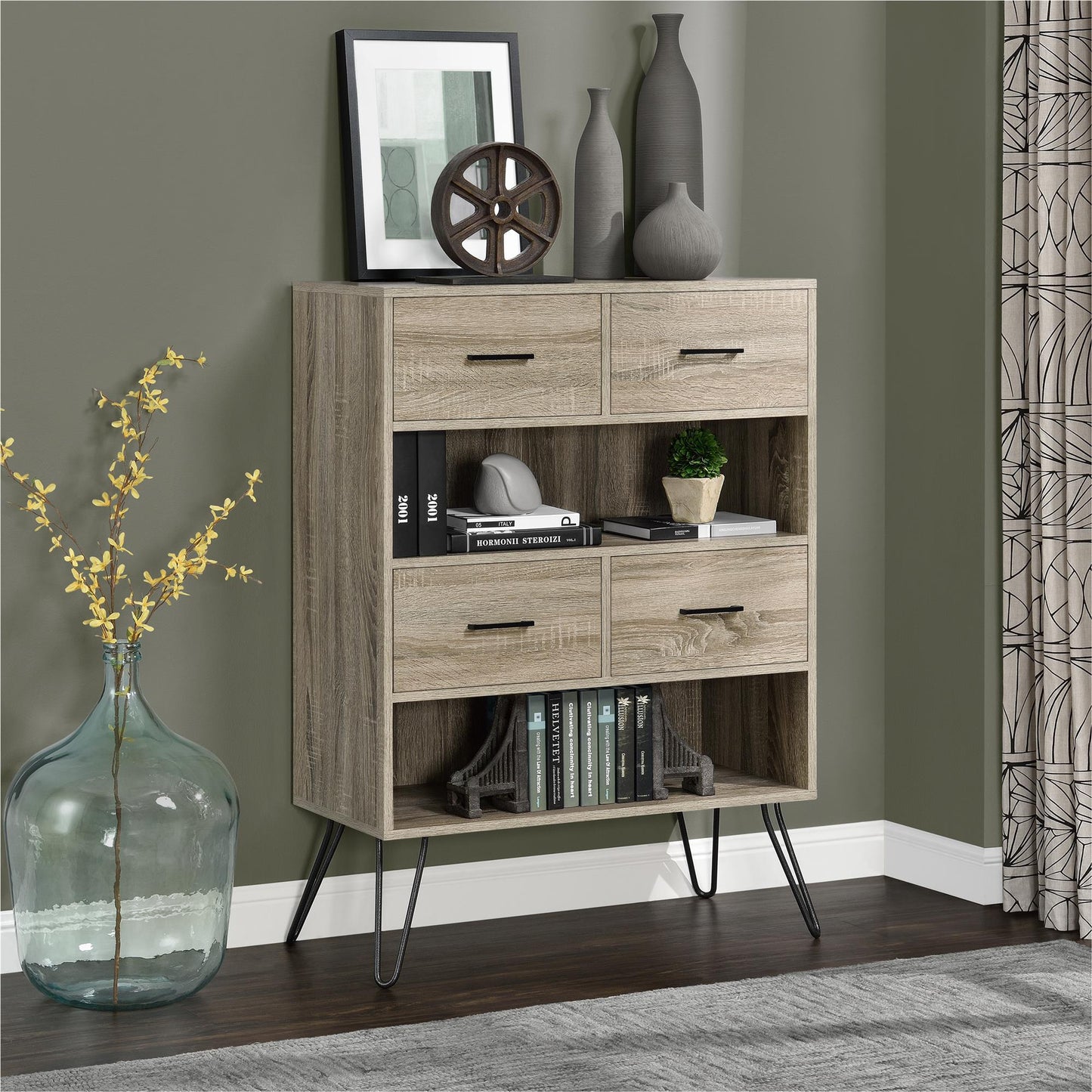Landon Retro Bookcase with 4 Fabric Bins with Wood Grain Fronts - Distressed Gray Oak