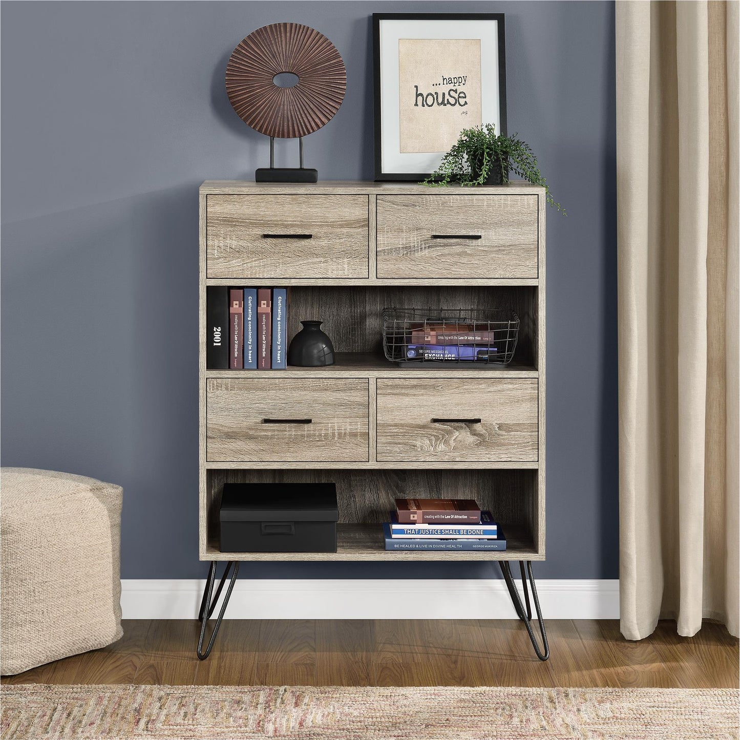 Landon Retro Bookcase with 4 Fabric Bins with Wood Grain Fronts - Distressed Gray Oak