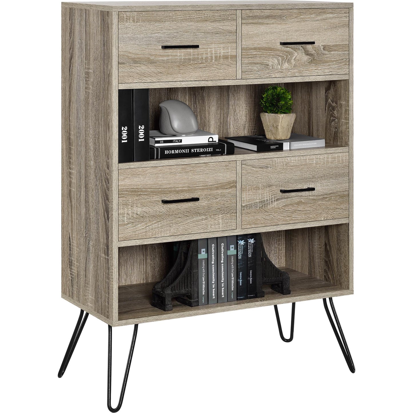 Landon Retro Bookcase with 4 Fabric Bins with Wood Grain Fronts - Distressed Gray Oak