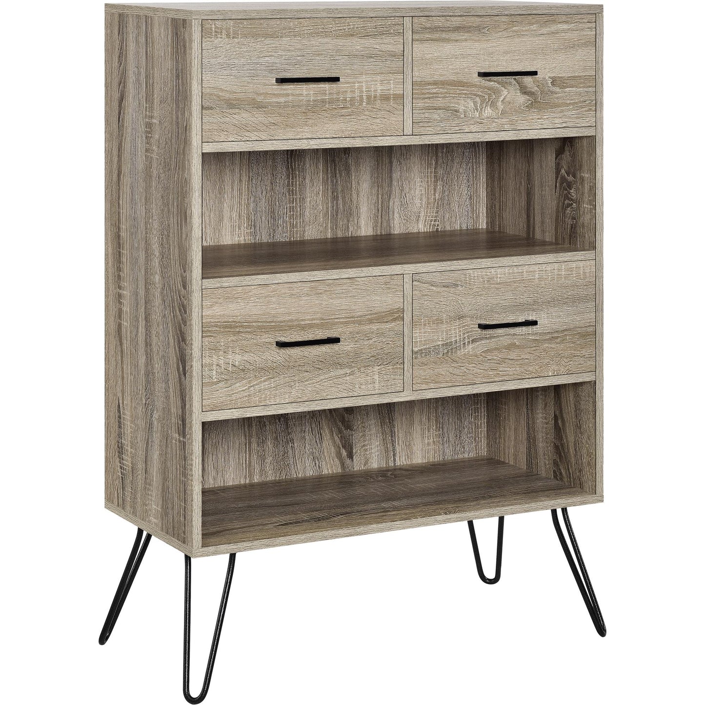 Landon Retro Bookcase with 4 Fabric Bins with Wood Grain Fronts - Distressed Gray Oak