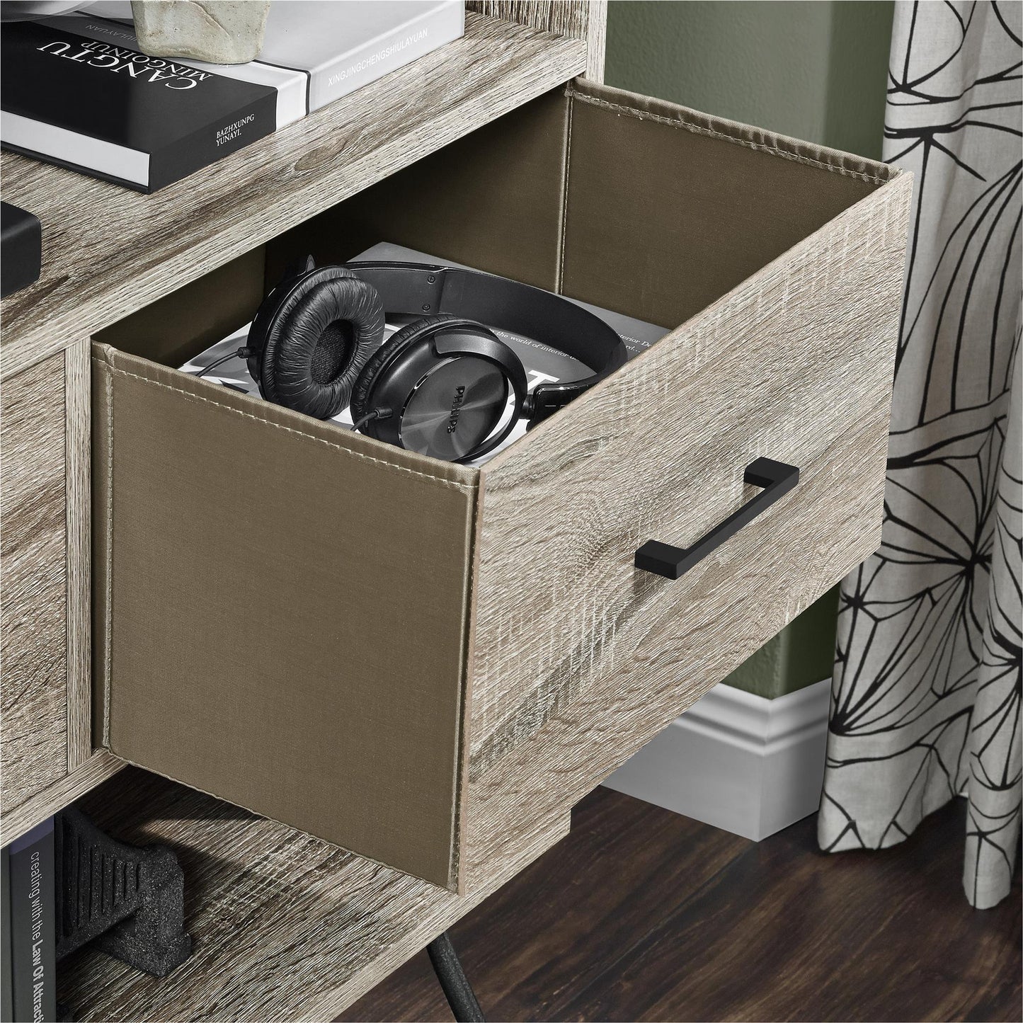 Landon Retro Bookcase with 4 Fabric Bins with Wood Grain Fronts - Distressed Gray Oak