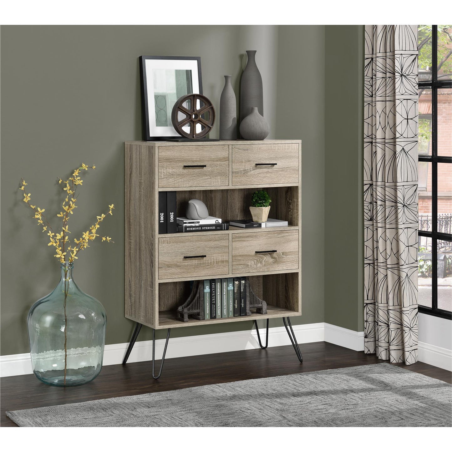 Landon Retro Bookcase with 4 Fabric Bins with Wood Grain Fronts - Distressed Gray Oak