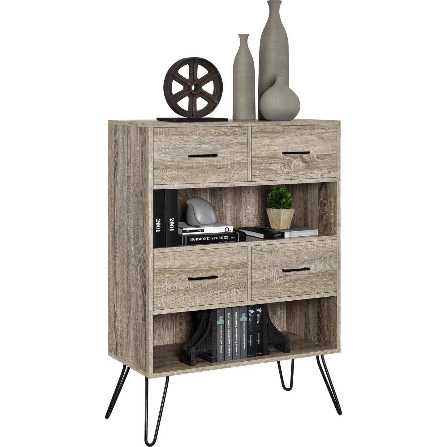 Landon Retro Bookcase with 4 Fabric Bins with Wood Grain Fronts - Distressed Gray Oak