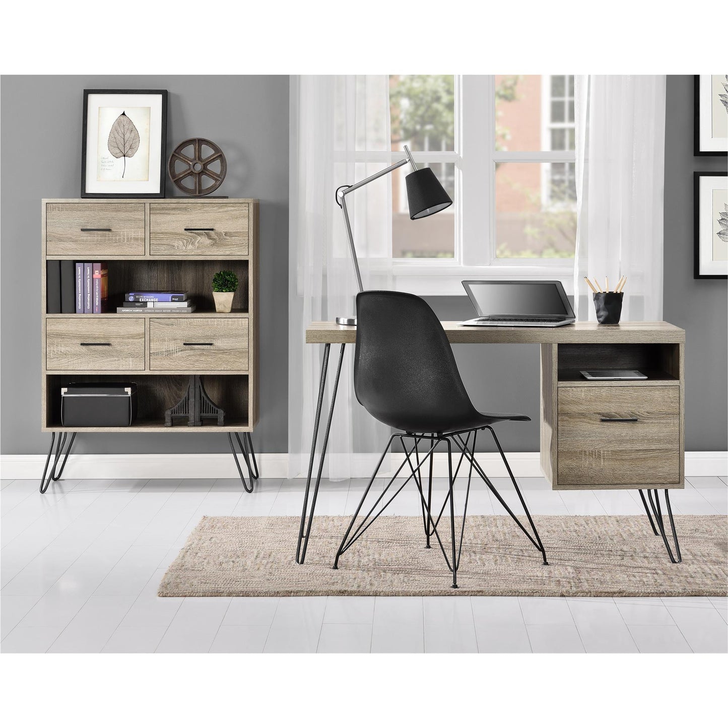 Landon Retro Bookcase with 4 Fabric Bins with Wood Grain Fronts - Distressed Gray Oak