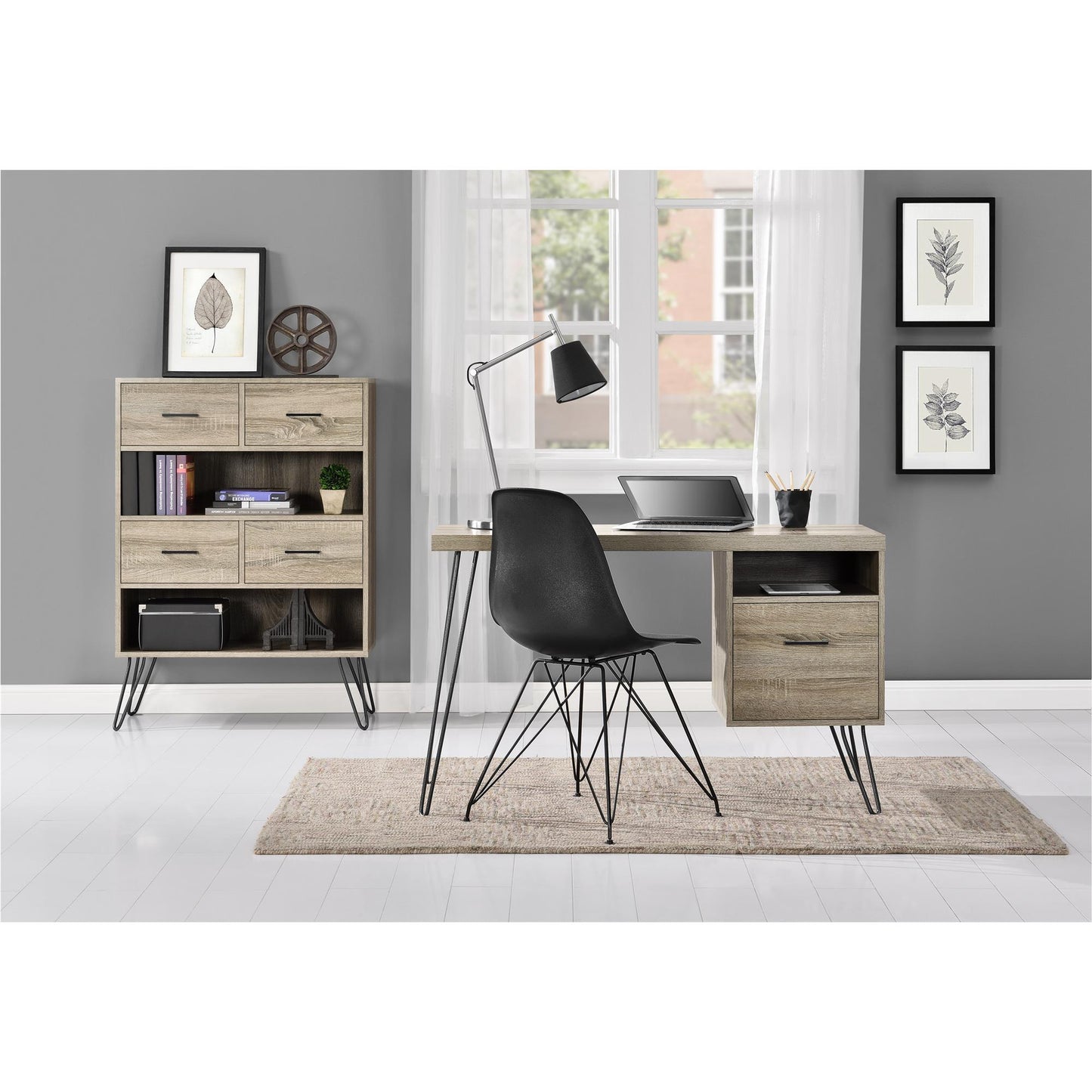 Landon Retro Bookcase with 4 Fabric Bins with Wood Grain Fronts - Distressed Gray Oak