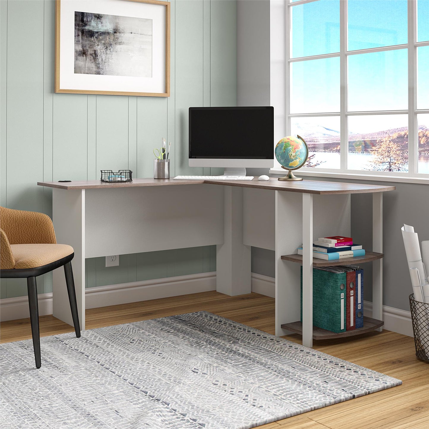 Dakota Computer L Desk with Side Bookshelf and Large Worksurface - White