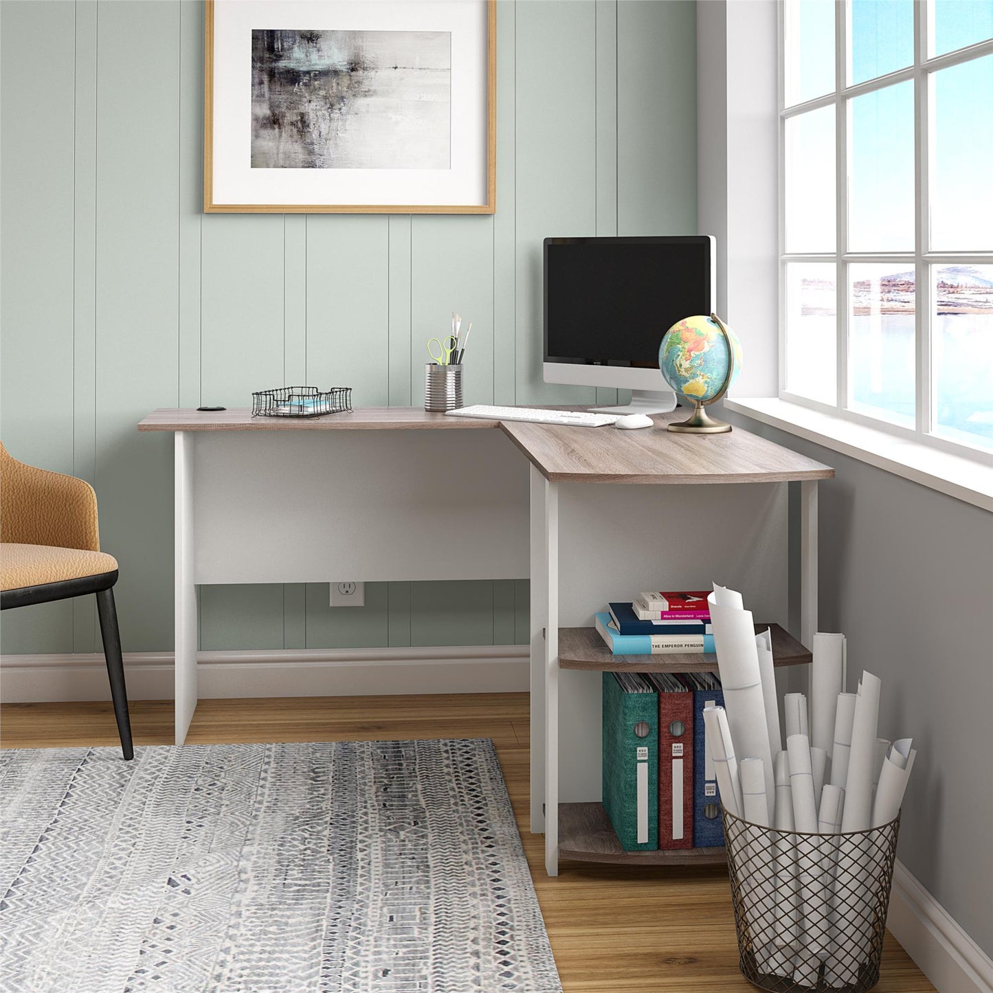 Dakota Computer L Desk with Side Bookshelf and Large Worksurface - White
