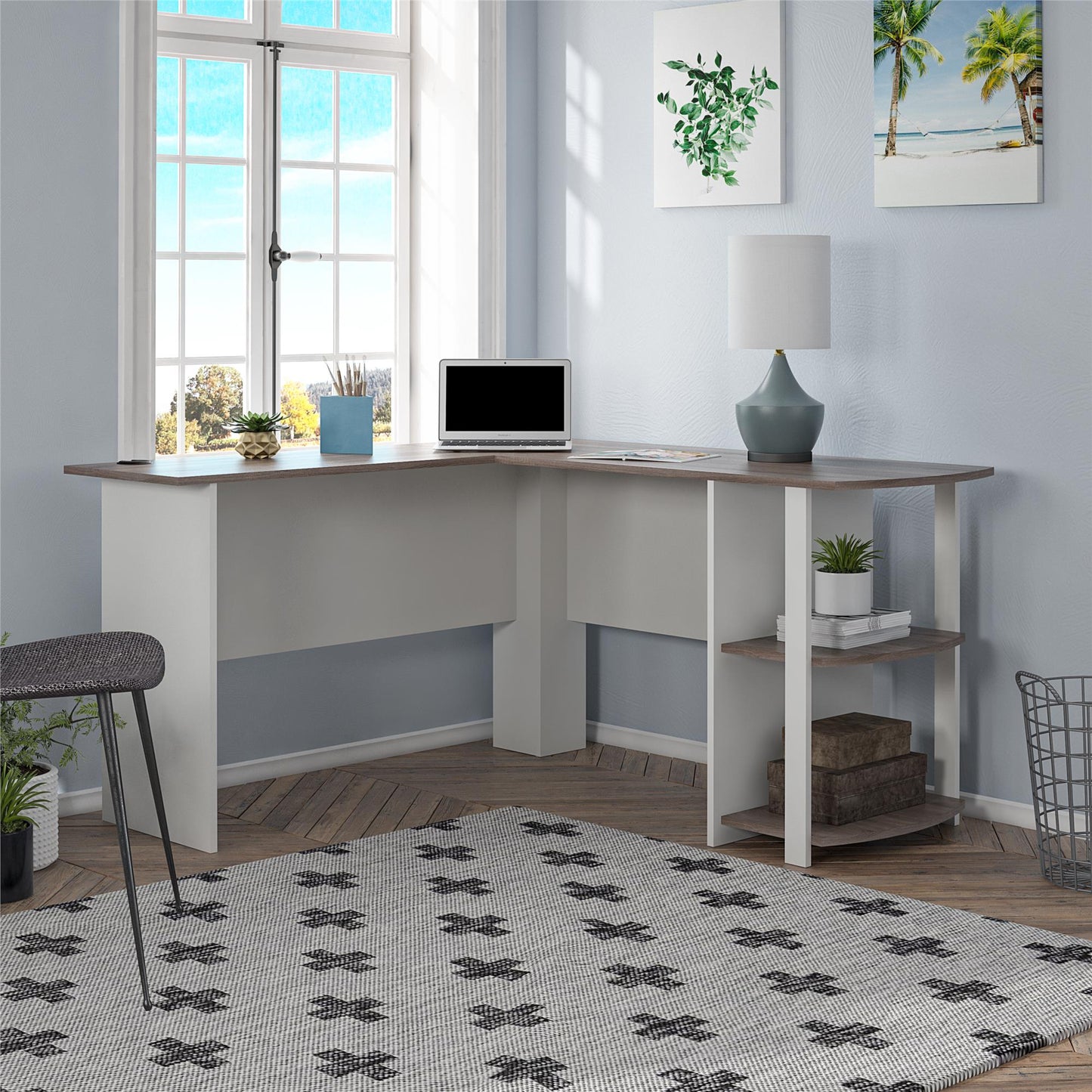 Dakota Computer L Desk with Side Bookshelf and Large Worksurface - White