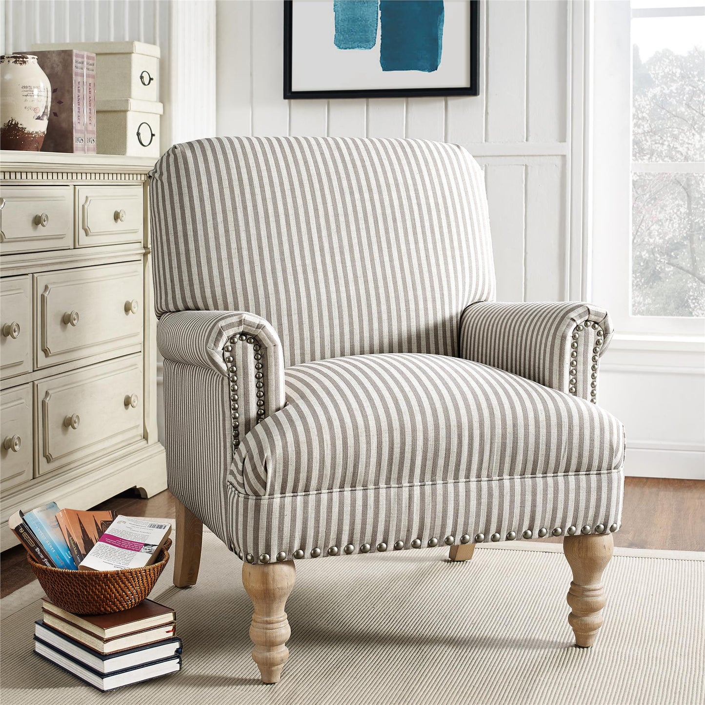 Jaya Upholstered Accent Chair with Solid Wood Feet - Beige Stripe