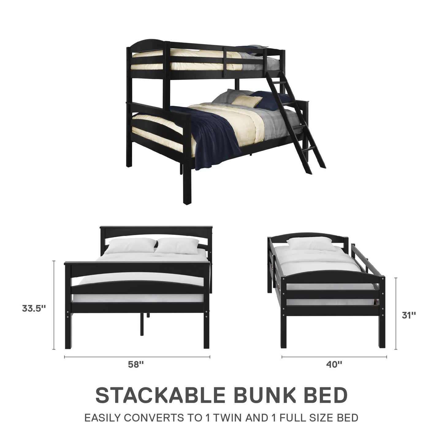Brady Twin over Full Wooden Bunk Bed Frame with Ladder - Black