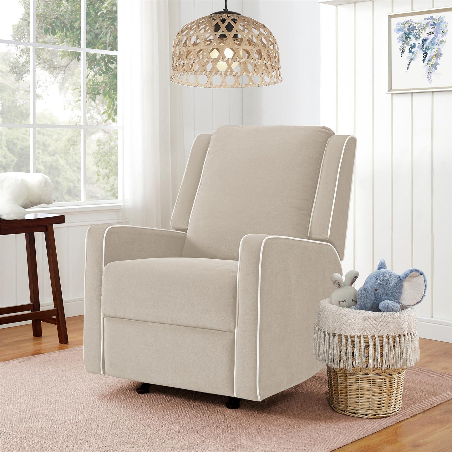 Robyn Upholstered Rocker Recliner Chair with White Trim Detail - Beige