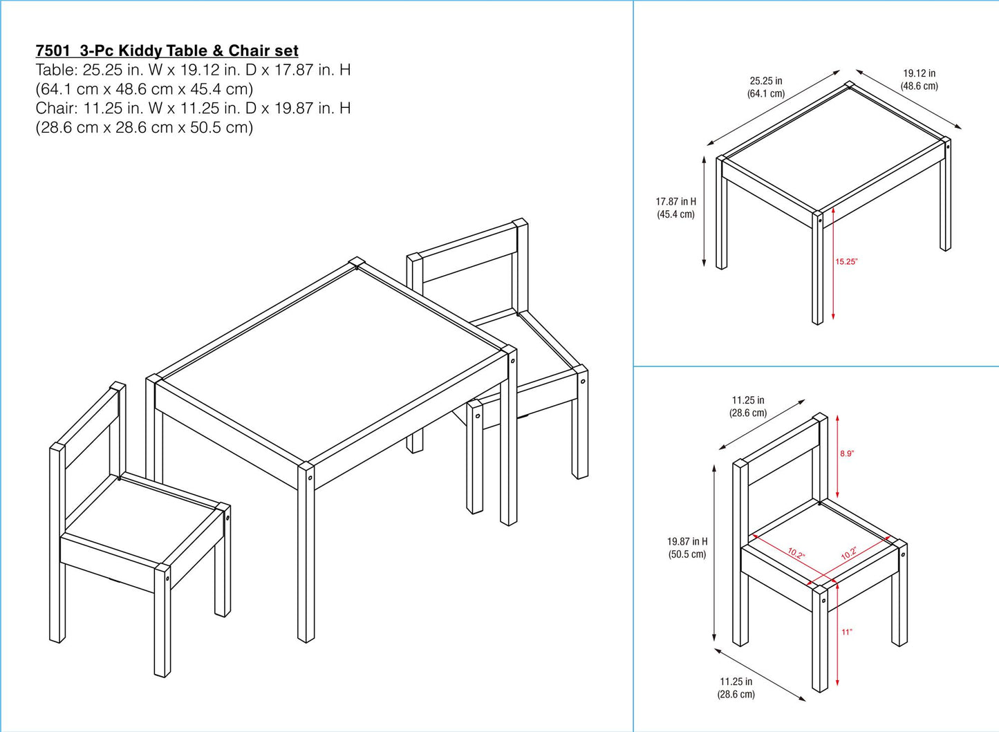 Hunter 3-Piece Kiddy Table and Chair Kids Set - White