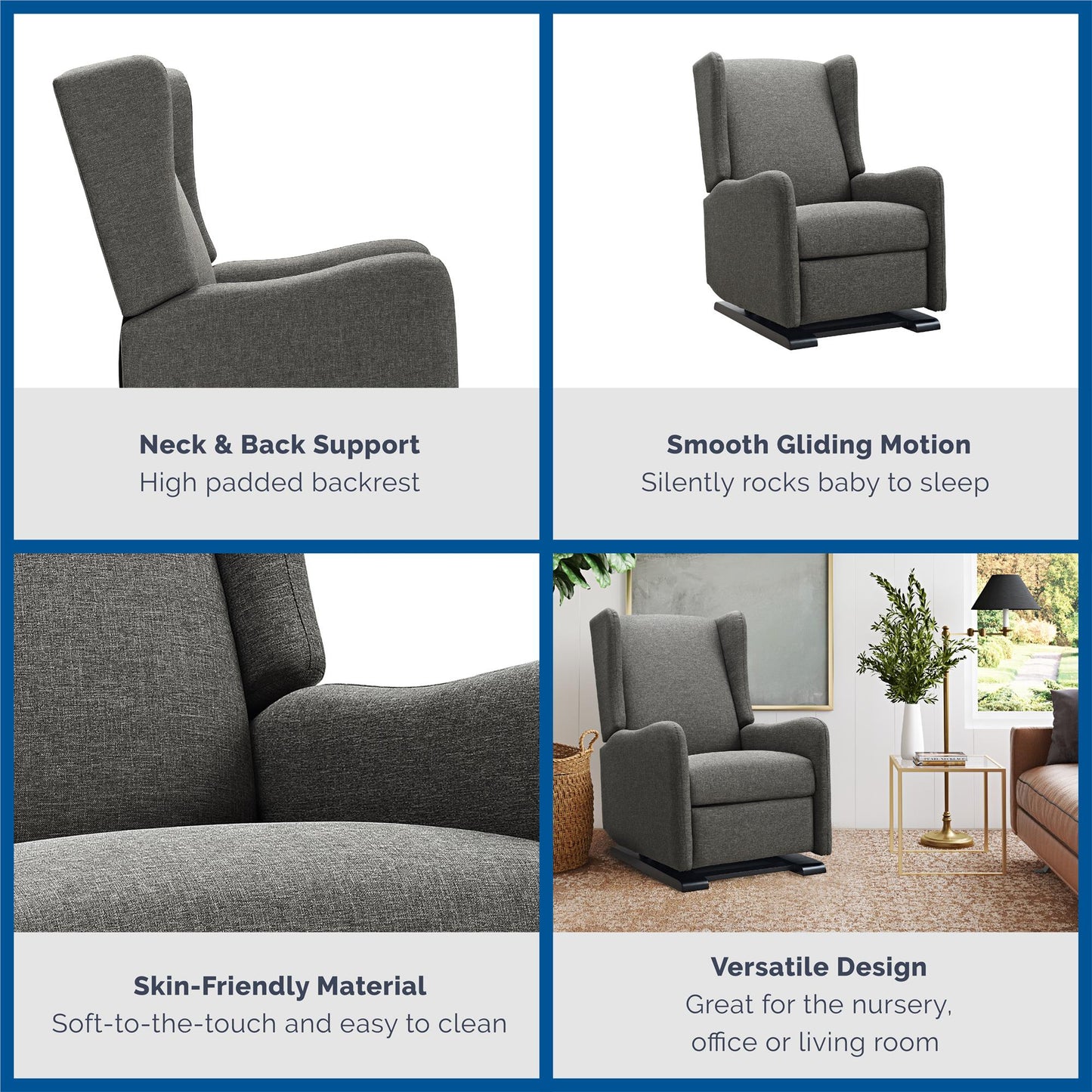 Rylee Upholstered Tall Wingback Glider Recliner Chair - Gray