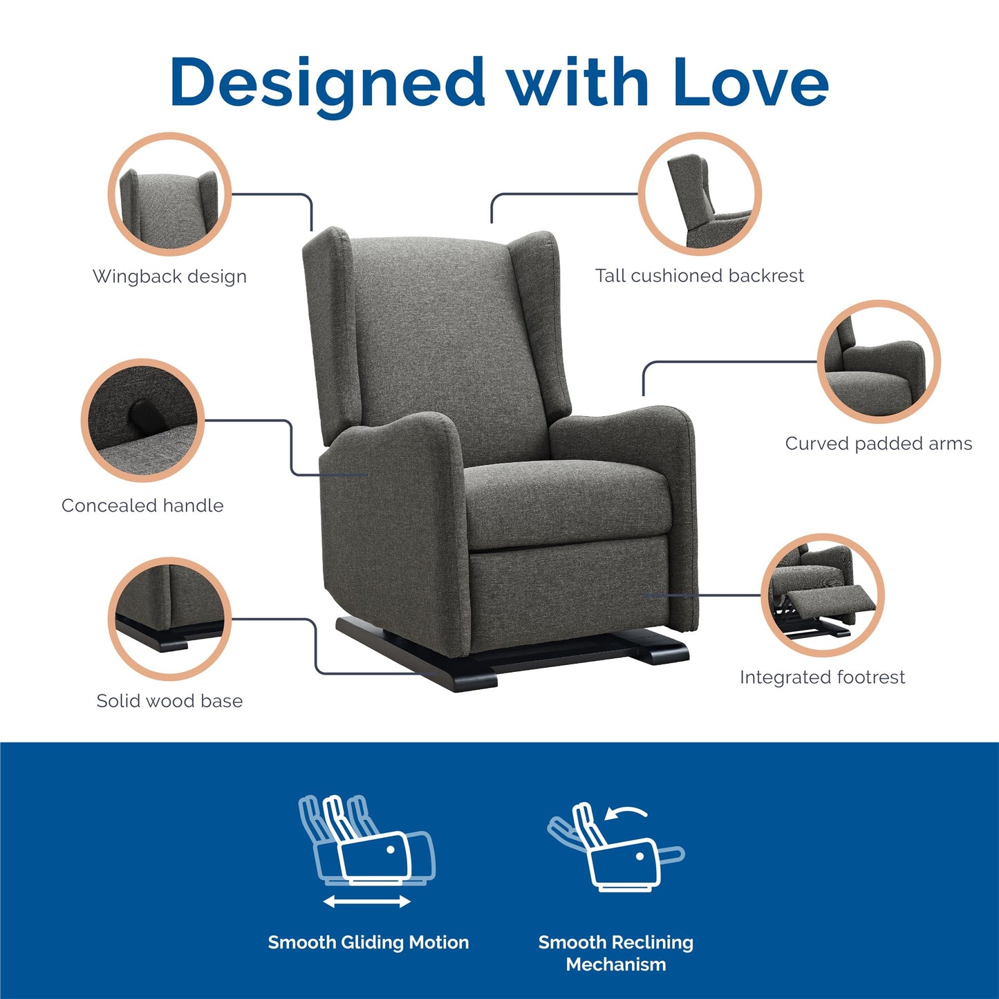 Rylee Upholstered Tall Wingback Glider Recliner Chair - Gray