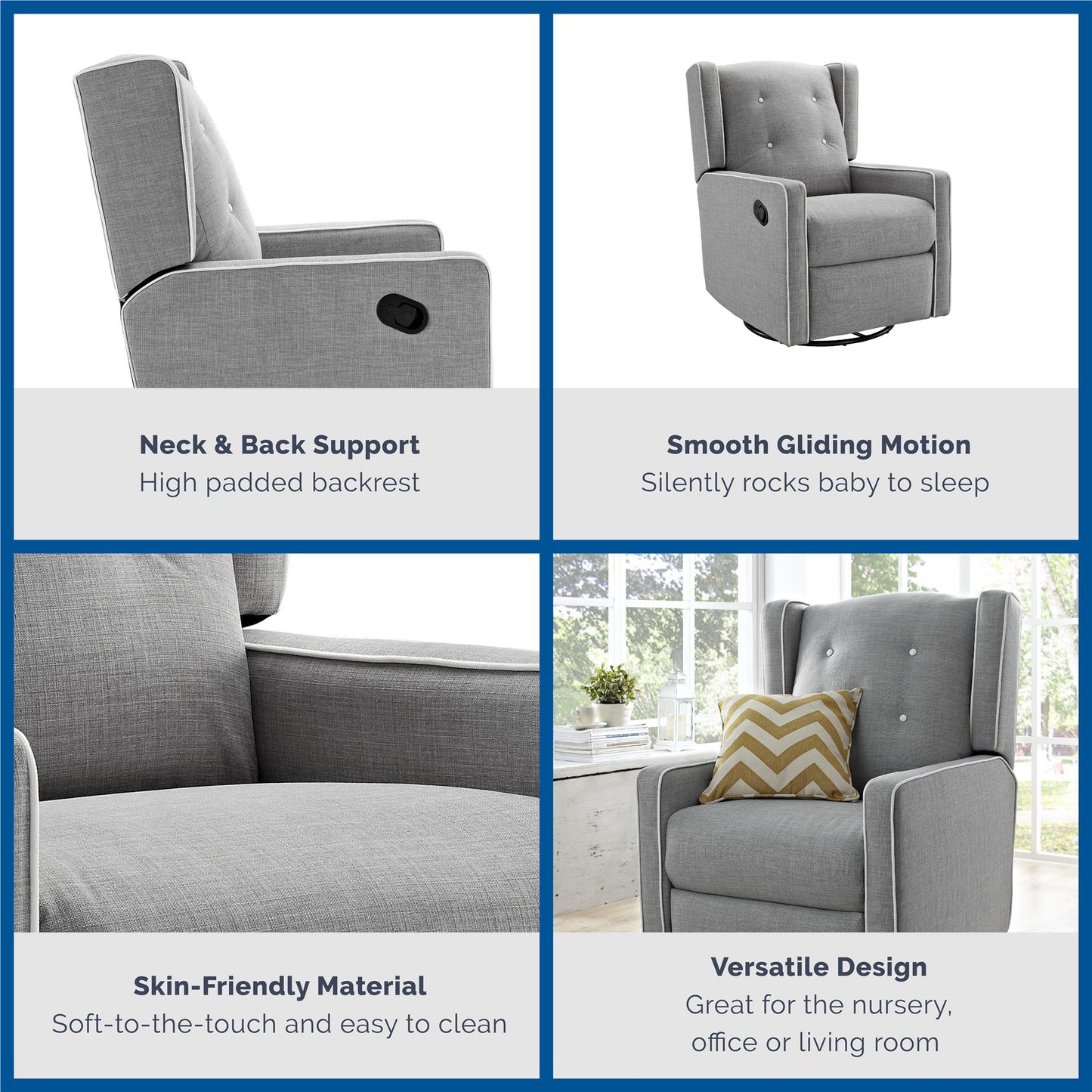 Mikayla Swivel Glider Recliner Chair Pocket Coil Seating - Grey Linen