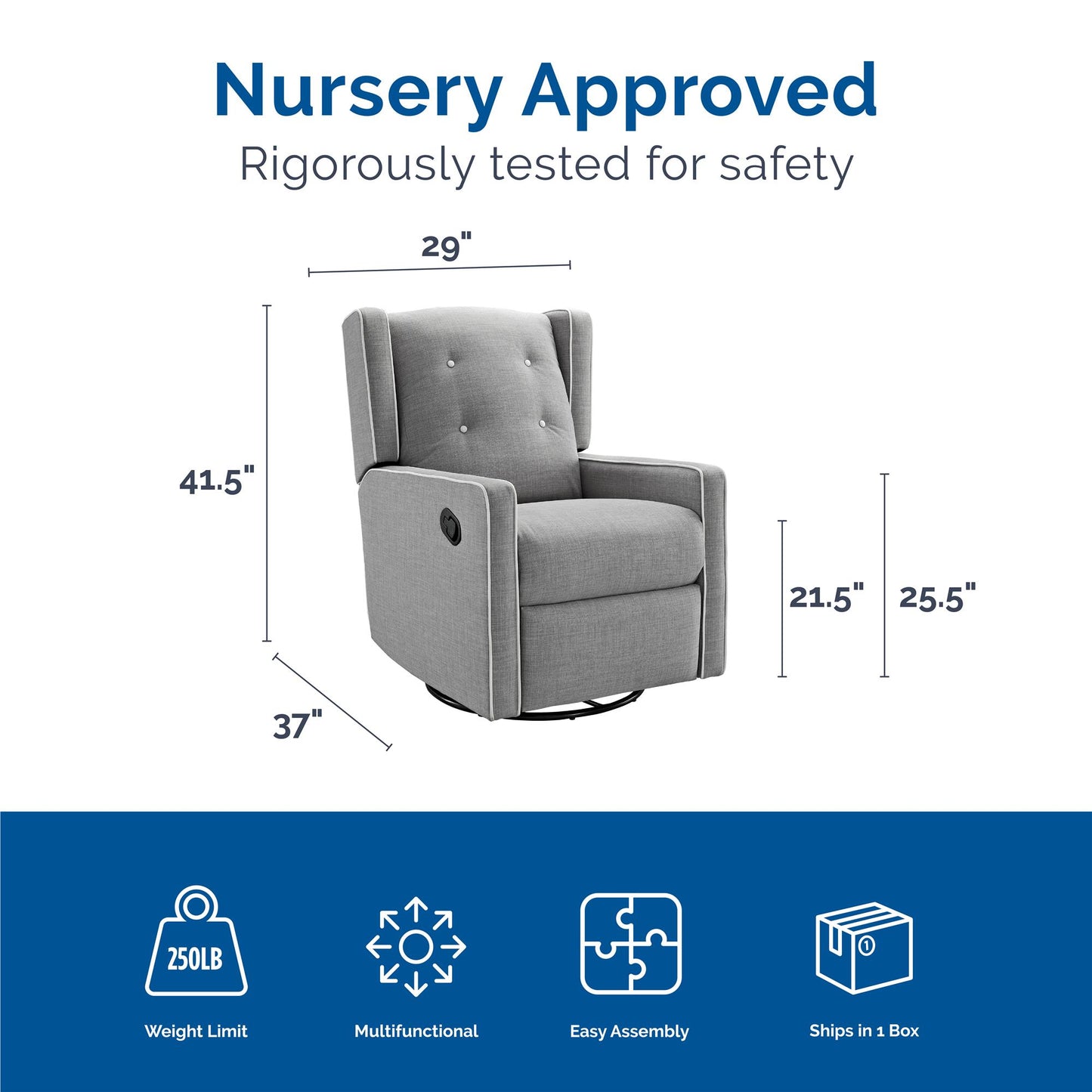 Mikayla Swivel Glider Recliner Chair Pocket Coil Seating - Grey Linen