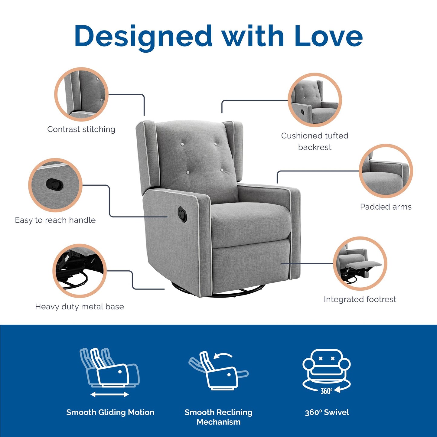 Mikayla Swivel Glider Recliner Chair Pocket Coil Seating - Grey Linen