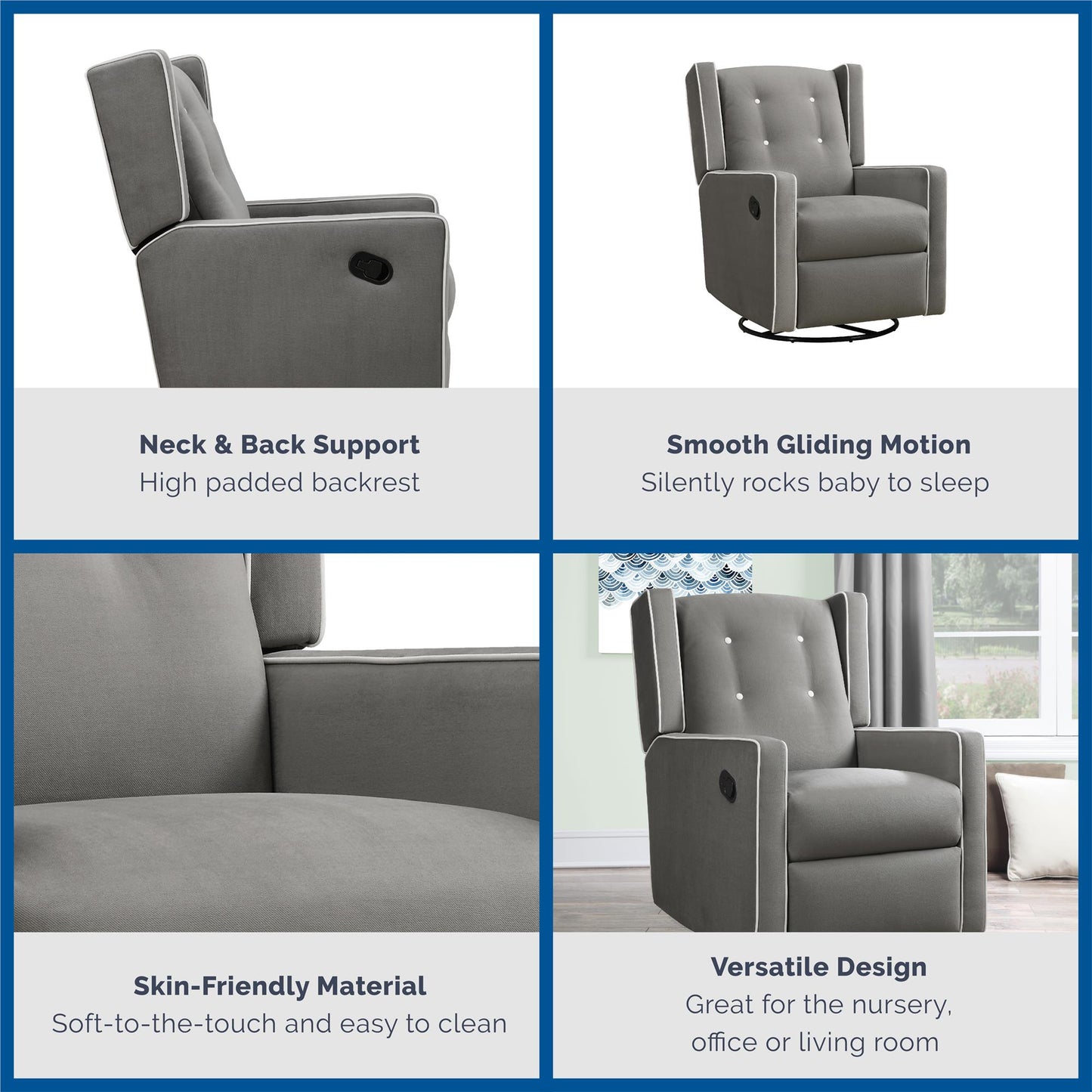 Mikayla Swivel Glider Recliner Chair Pocket Coil Seating - Gray