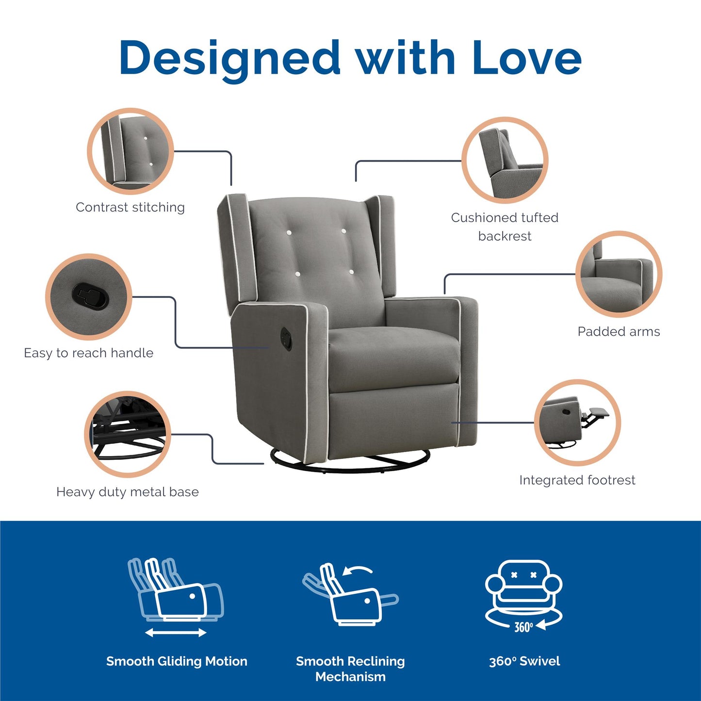Mikayla Swivel Glider Recliner Chair Pocket Coil Seating - Gray